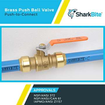SharkBite 22222-0000LF Brass 1/2 Inch Ball Valve, Push to Connect Plumbing Fitting, Water Shut Off, PEX Pipe, Copper, CPVC, PE-RT, HDPE, 22222-0000LFA, 1/2