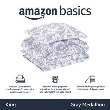 Amazon Basics King Size Comforter Sets, Ultra-Soft Lightweight Microfiber Reversible 3-Piece Bedding...