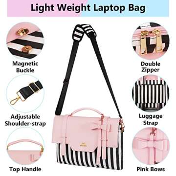 MATEIN Laptop Bag for Women, 15.6 inch Slim Computer Briefcase Sleeve Case, Lightweight Cute Girly Messenger Shoulder Carrying Work Tote Bag with Rfid Pocket, Sister Gifts for School Girl Office, Pink