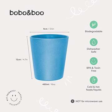 BOBO&BOO - Big Kid Sized (16oz) Eco Friendly Bamboo Cups for Adults & Kids | 4 Set | Durable Bamboo Dinnerware Set for Home, Picnic & Party Time – BPA Free – Dishwasher Safe - COASTAL