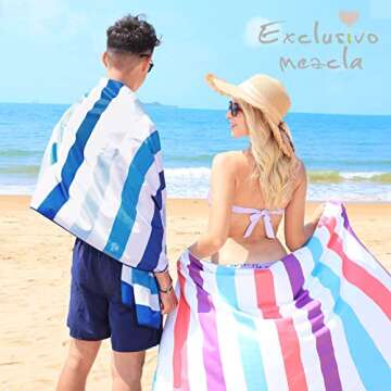 Exclusivo Mezcla Oversized Microfiber Quick Dry Beach Towel, Lightweight Sand-Free Cabana Stripe Poo...