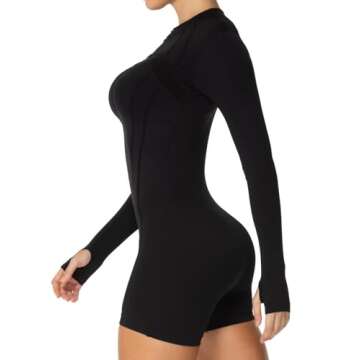 Sunzel Women's One Piece Zip Up Rompers Long Sleeve Yoga Gym Workout Shorts Tummy Control Bodysuit Bodycon Jumpsuits 5" Black Large