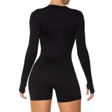 Sunzel Women's One Piece Zip Up Rompers Long Sleeve Yoga Gym Workout Shorts Tummy Control Bodysuit Bodycon Jumpsuits 5" Black Large