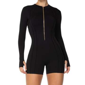 Sunzel Women's One Piece Zip Up Rompers Long Sleeve Yoga Gym Workout Shorts Tummy Control Bodysuit Bodycon Jumpsuits 5" Black Large