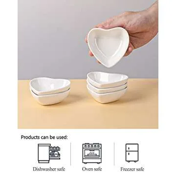 Delling Mini Dipping Bowls Set Soy Sauce Dish/Bowls, Heart Shaped Dip Bowls, Small Ceramic Bowls for Ketchup, Condiments, Chips Dip Sets, Best Choice for BBQ and Other Party Dinner - 2Oz, Set of 6