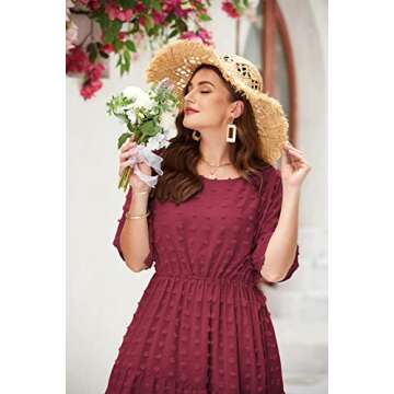 IN'VOLAND Plus Size Womens Boho Flowy Short Sleeve Crew Neck Maxi Dress Summer Wedding Guest Dresses Wine Red