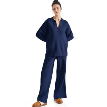 SUUKSESS Women 2 piece Fall outfits Long Sleeve Oversized Matching Lounge Set Waffle Knit Polo Sweater sets (Navy Blue,M)