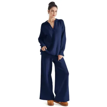 SUUKSESS Women 2 piece Fall outfits Long Sleeve Oversized Matching Lounge Set Waffle Knit Polo Sweater sets (Navy Blue,M)