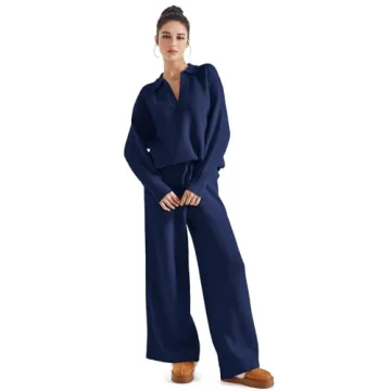 SUUKSESS Women 2 piece Fall outfits Long Sleeve Oversized Matching Lounge Set Waffle Knit Polo Sweater sets (Navy Blue,M)