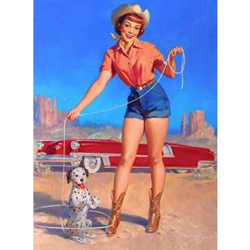 TYmall Wall Art Metal Hanging Sign 1940s Pin-Up Girl Cowgirl Roping The Dalmation Puppy Dog Poster P...