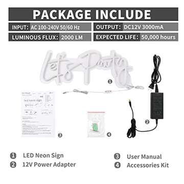 ATOLS Let's Party Large Neon Sign for Wall Decor, with Dimmer Switch,23x10Inch 12V Reusable Neon Light Sign for Bachelorette Party, Engagement Party, Birthday Party,Wedding (Power Adapter Included)