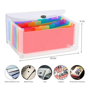 Uquelic Stand Receipt Organizer Folder for Desk - 13 Pockets Expanding Accordion Coupon Organizer, Rainbow Large Capacity Sticker Organizer, Small Envelope Organizer with Label, 10 x 5 inch…