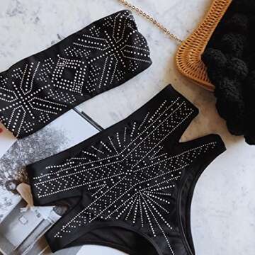 Belong U Two Piece Outfits for Women Sexy High Waisted Off Shoulder Black Brazilian Bikini Set Bathing Suits Strapless Swimsuit (S)