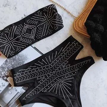 Belong U Two Piece Outfits for Women Sexy High Waisted Off Shoulder Black Brazilian Bikini Set Bathing Suits Strapless Swimsuit (S)