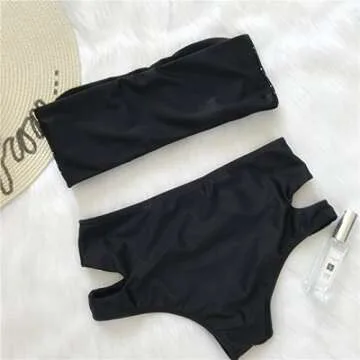 Belong U Two Piece Outfits for Women Sexy High Waisted Off Shoulder Black Brazilian Bikini Set Bathing Suits Strapless Swimsuit (S)