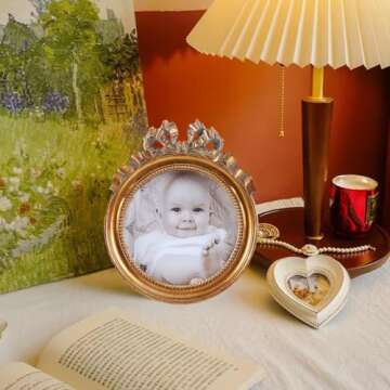 Kangce Antique Picture Frames 3.5x3.5 Round Picture Frames Vintage Picture Frames Small Picture Frames Embossed and Beaded Victorian Picture Frame Decorative Picture Frames in Bronze, Brass