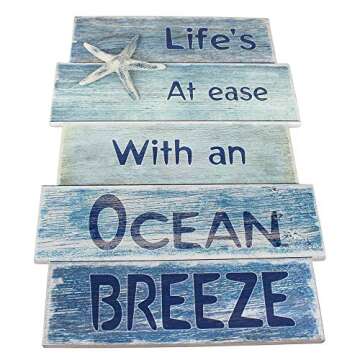 Starfish Beach Sign for Home Decor,Vintage Beach Theme Bathroom Wall Decor Wall Art Plaque with Quote Sayings - Life's at Ease with an Ocean Breeze 11.5" x 17"