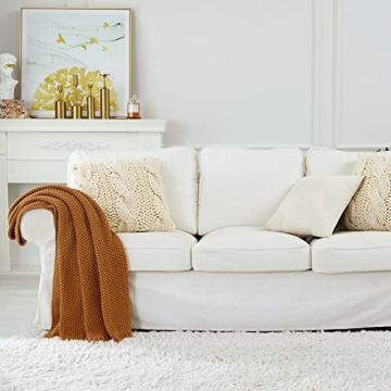 Organic Cotton Chunky Cable Knit Throw Blanket Burnt Orange