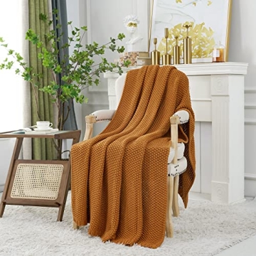 Organic Cotton Chunky Cable Knit Throw Blanket Burnt Orange