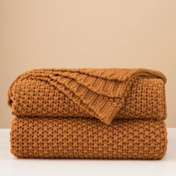 Organic Cotton Chunky Cable Knit Throw Blanket Burnt Orange