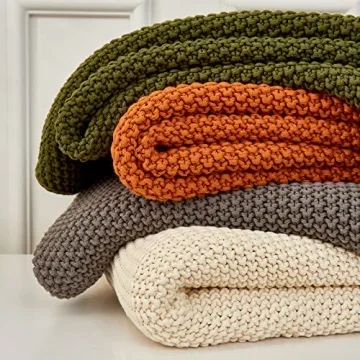 Organic Cotton Chunky Cable Knit Throw Blanket Burnt Orange