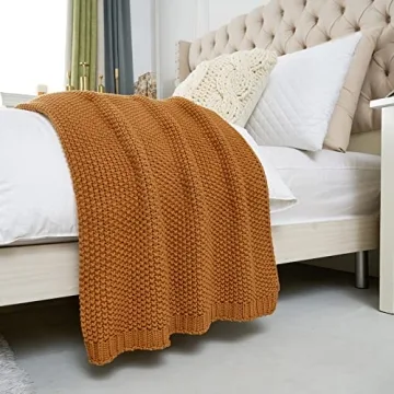 Organic Cotton Chunky Cable Knit Throw Blanket Burnt Orange