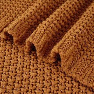 Organic Cotton Chunky Cable Knit Throw Blanket Burnt Orange