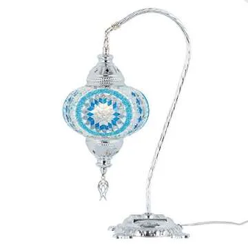 DEMMEX (30 Colors) 2019 Turkish Moroccan Mosaic Table Lamp with US Plug & Socket, Swan Neck Handmade Desk Bedside Table Night Lamp, Decorative Tiffany Lamp Light, Silver Body (8)