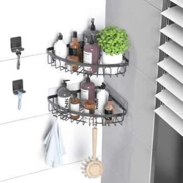 Carwiner Adhesive Corner Shower Caddy 2-Pack, Wall Mounted Bathroom Shelf, 304 Stainless Steel Shower Shelf with Hooks, Hanging Storage Organizer Strong and Sturdy No Drilling (Black)