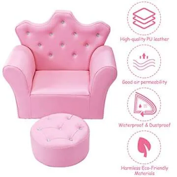 Costzon Kids Sofa, Children Upholstered Sofa with Ottoman, Princess Sofa with Diamond Decoration, Smooth PVC Leather Toddler Chair, Kids Couch for Boys and Girls, Gift for Toddlers (Pink)
