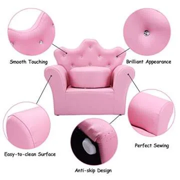 Costzon Kids Sofa, Children Upholstered Sofa with Ottoman, Princess Sofa with Diamond Decoration, Smooth PVC Leather Toddler Chair, Kids Couch for Boys and Girls, Gift for Toddlers (Pink)