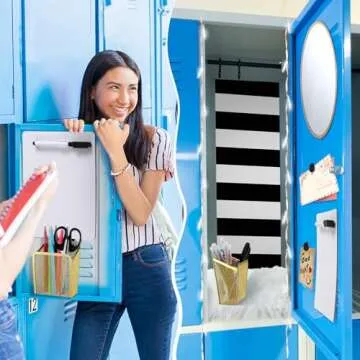Harloon 13 Pcs School Locker Organizer Decorating Set Include Magnetic Wallpaper Mirror Cup Faux Fur Cushion Battery Powered String Lights 6 Magnets (Stripes)