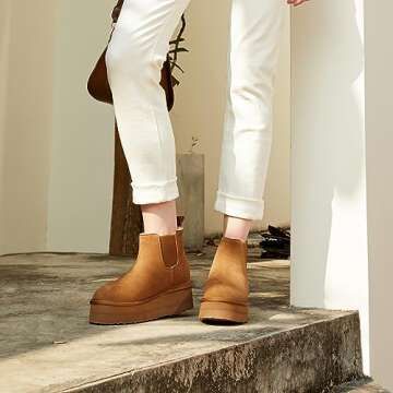 Athlefit Women's Classic Chelsea Platform Mini Boots Winter Warm Fur Lined Anti-Slip Short Ankle Snow Chestnut Boots Size 11