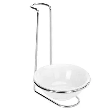 MyGift White Ceramic Ladle Holder Spoon Rest, Upright Single Cooking Utensil Holder, Vertical Drip Catcher Dish with Stainless Steel Stand for Kitchen Counter