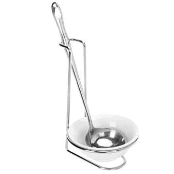 MyGift White Ceramic Ladle Holder Spoon Rest, Upright Single Cooking Utensil Holder, Vertical Drip Catcher Dish with Stainless Steel Stand for Kitchen Counter