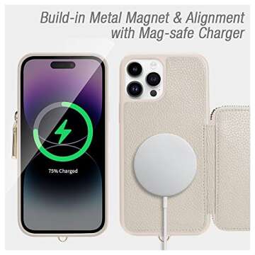 ZVE Wallet Case for iPhone 14 Pro 6.1 inch, Magsafe Zipper Leather RFID Blocking Cards Holder Slots Case with Magnetic Wireless Charging, Protective Cover for iPhone 14 Pro 6.1” (2022) - Beige
