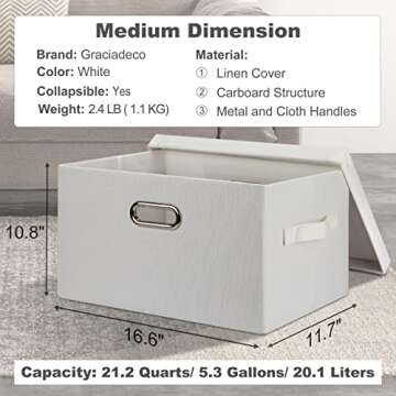 Graciadeco Medium 15" 21 Quart Collapsible Stackable Storage Bins with Lids, 5 Packs White Foldable ...