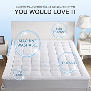 Queen Mattress Pad Cover Cooling Mattress Topper Pillow Top with Down Alternative Fill (8-21” Fitted Deep Pocket Queen Size) White