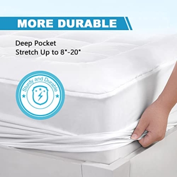 Queen Mattress Pad Cover Cooling Mattress Topper Pillow Top with Down Alternative Fill (8-21” Fitted Deep Pocket Queen Size) White