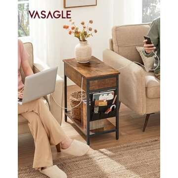 VASAGLE Side Table with Storage, End Table with USB Ports and Outlets, Nightstand with Charging Stat...