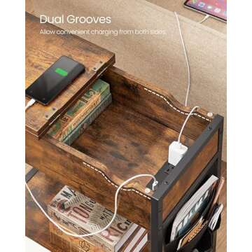 VASAGLE Side Table with Storage, End Table with USB Ports and Outlets, Nightstand with Charging Station, Fabric Bags, for Living Room, Bedroom, Rustic Brown and Black ULET310B01V1
