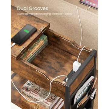 VASAGLE Side Table with Storage, End Table with USB Ports and Outlets, Nightstand with Charging Station, Fabric Bags, for Living Room, Bedroom, Rustic Brown and Black ULET310B01V1