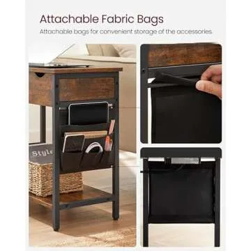 VASAGLE Side Table with Storage, End Table with USB Ports and Outlets, Nightstand with Charging Station, Fabric Bags, for Living Room, Bedroom, Rustic Brown and Black ULET310B01V1