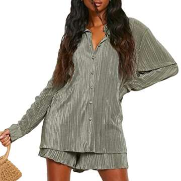 NUFIWI Women 2 Piece Pleated Pants Set Long Sleeve Button Shirt Blouse Top Long Wide Leg Pants Outfits Summer Streetwear(V Neck Light Green,Large)