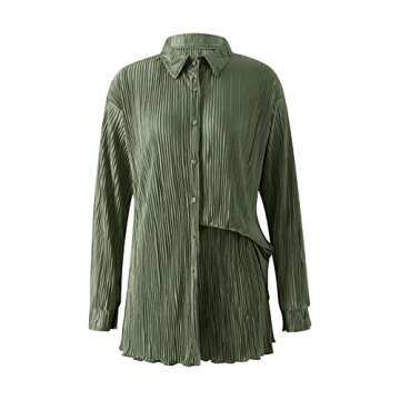 NUFIWI Women 2 Piece Pleated Pants Set Long Sleeve Button Shirt Blouse Top Long Wide Leg Pants Outfits Summer Streetwear(V Neck Light Green,Large)