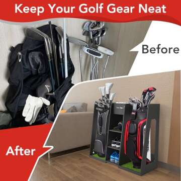 Golf Bag Organizer Storage Rack Stand Holder Fits 2 Extra Large Golf Club Bags and Multiple Golfing Equipment Accessories Great Gifts for Any Skill Level Golfer in Garage Shed Basement Indoor Outdoor