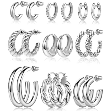 ADOYI Silver Hoop Earrings Set for Women - 9 Pairs Gold Plated