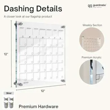 Classic Acrylic Calendar for Wall | Oversize 12' X 12' | Clear Home Office Glass Calander Dry Erase Board Large Reusable Whiteboard Big Monthly Family Planner Free Liquid Chalk Markers