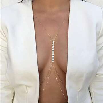 Jerany Gold Rhinestone Body Chain Crystal Bikini Body Jewelry Heart Layered Body necklaces Nightclub Waist Belly Chain for Women