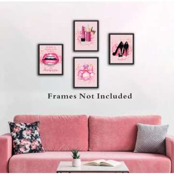 ZOQIPQO Fashion Makeup Art Print Painting for Women Gifts poster Pictures,Woman Makeup Wall Art,Makeup Room Canvas Wall Art,High Heel Shoes Perfume Canvas Prints,Set of 4(8"X10"in Unframed